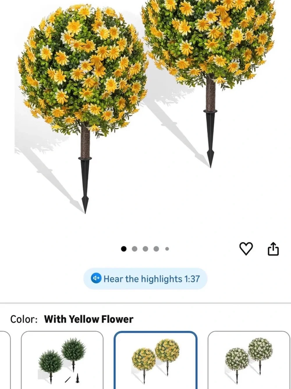 Faux Yellow Flower Topiary Ball Set of 2 - Decorative Outdoor Accent New